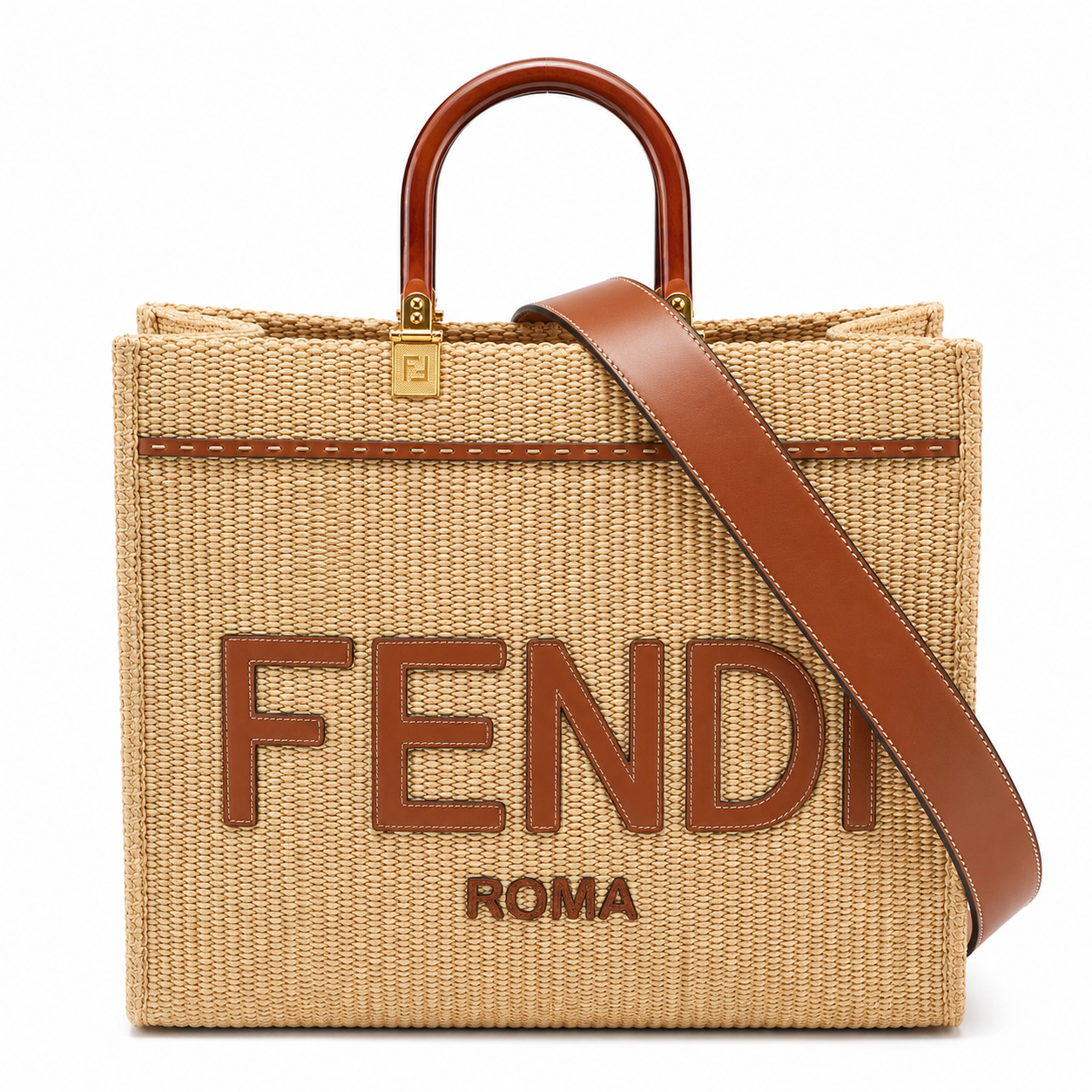 Fendi Sunshine Raffia Tote Bag Natural Brown