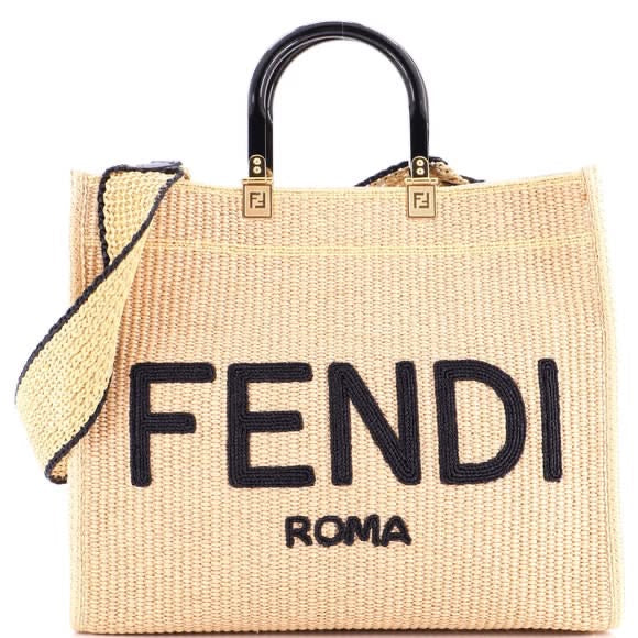 Fendi Sunshine Raffia Tote Bag Natural Black